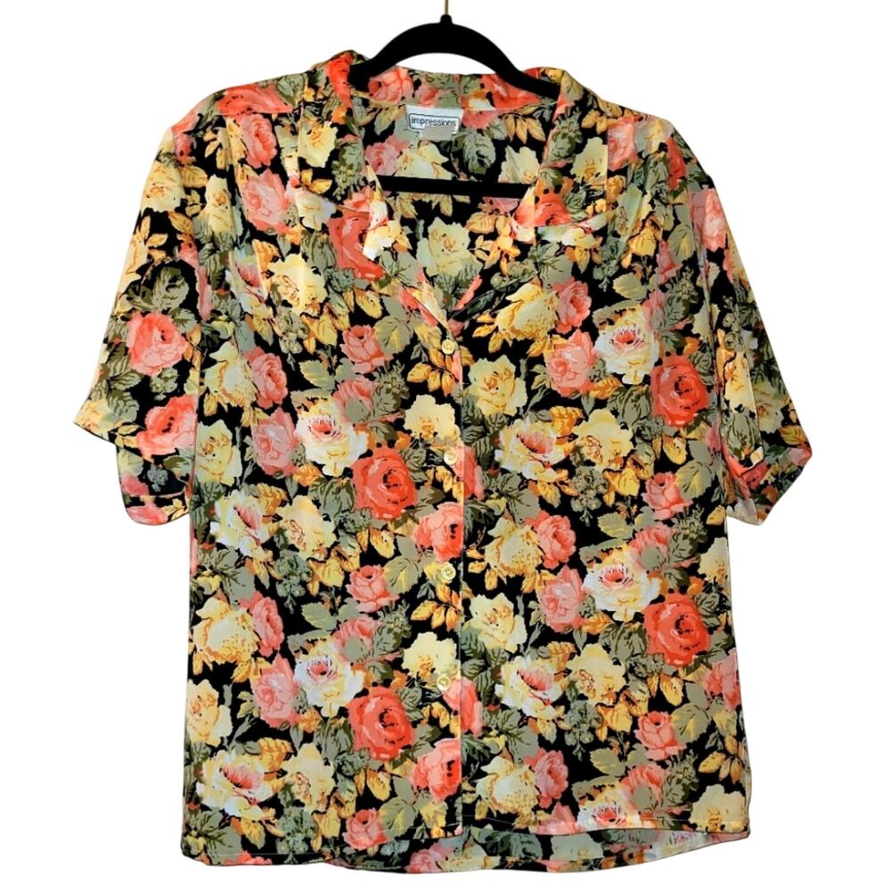 Vtg 90s Womans Floral Button Down Blouse Size 10 USA Made Tropical Spring